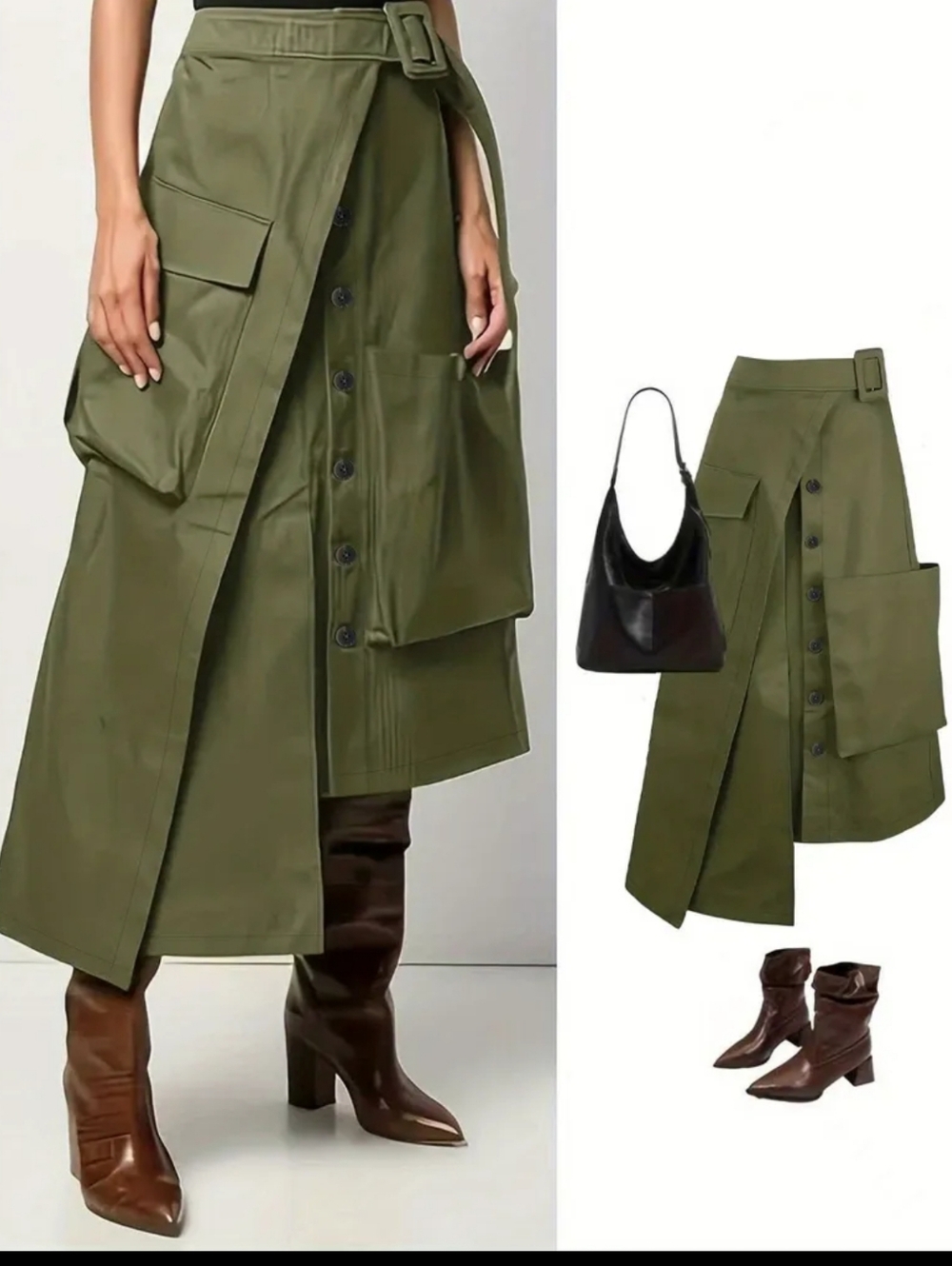 Olive Green Utility Midi Skirt with Cargo Pockets - Picture 5 of 5